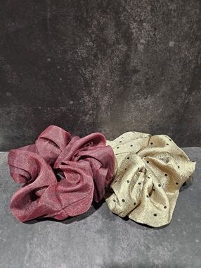 Scrunchies Set Of 2/ 1 Chiffon/Silky & 1 Silky With Polka Dots